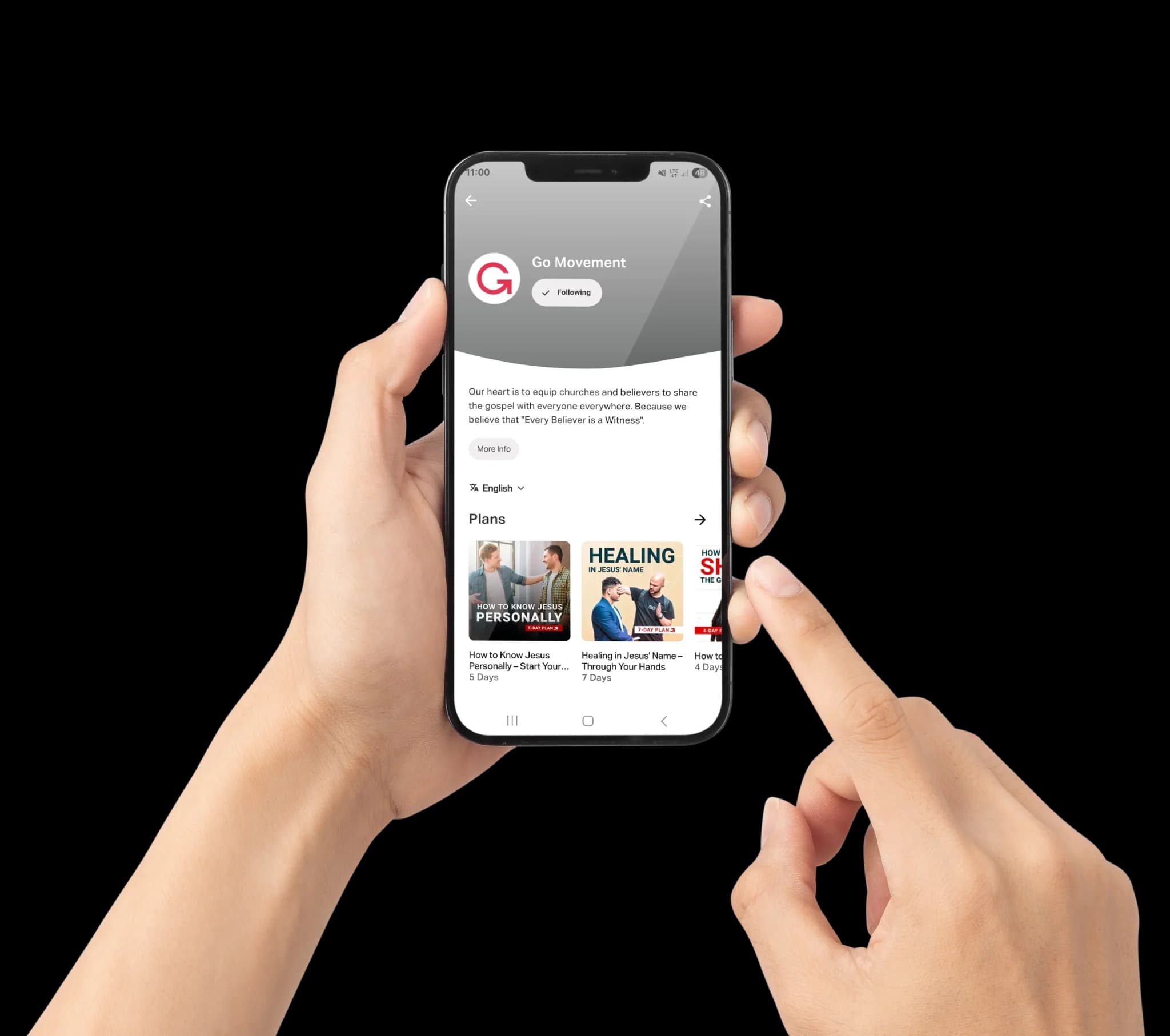 A hand holding a phone showing GO Movement resources